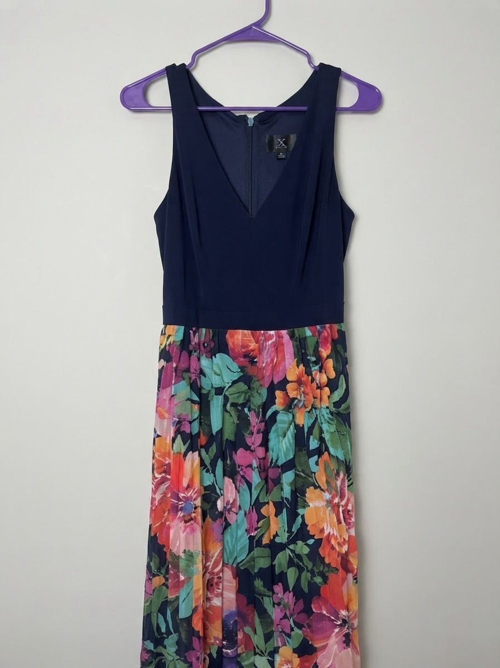 Xscape Navy Maxi Dress with Bright Floral Skirt